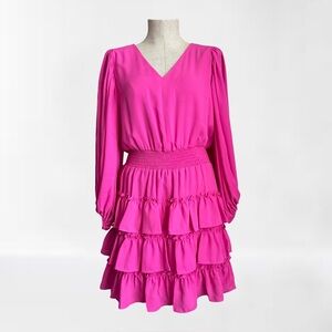 Halogen Hot Pink V-Neck Tiered Ruffle Dress